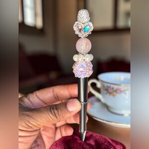 Custom Made Black and Pink Beaded Heart Pen
